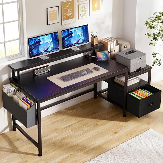 EnHomee 56.5" Office Desk with Drawers & Printer Space for Home Work,Black | Computer Desk with 3 AC Outlets& 2 USB Ports,40"*7" Long Monitor Stand,Side Pockets with Storage Space,Home Office,Bedroom