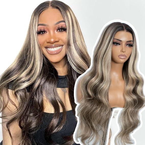 Style Icon 28 inch Long Wave Synthetic Wig 6x4 Pre-Cut Lace Brown Highlight Long Body Wave Lace Front Wig Pre Plucked Glueless Synthetic Free Part Wig (NTSA4/10/23B/613C)