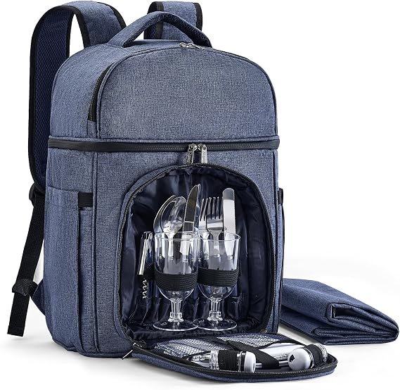 Vogano Picnic Backpack & Accessories Insulated Picnic Set for 2 Person with Dual Compartments, Lightweight Blanket, Cutlery Set, for Newlyweds and Couples Gifts Blue