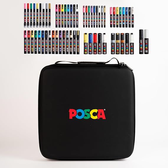 Posca Exclusive Acrylic Paint Markers Gift Set of 62 with Case, Great for Kids and Adults, For Coloring Decorations, Canvas, Glass or Wood, Includes 350, 1MR, 1M, 3M, 5M, 7M, 8K, 17K
