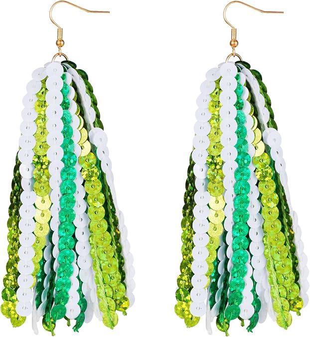 RareLove Lightweight St Patrick's Day Earrings Sparkle Green White Sequin Long Tassel Earrings for Women Alloy Plated
