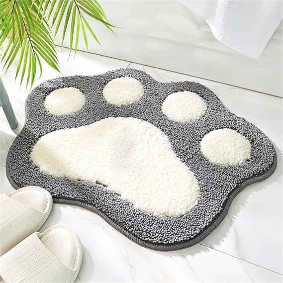Paw Shaped Bathroom Rug, Water Absorbent Non-Slip Bath Mat, 17.7" x 23.6" Plush Microfiber Bath Rug, Machine Washable Shower Rug (Grey)