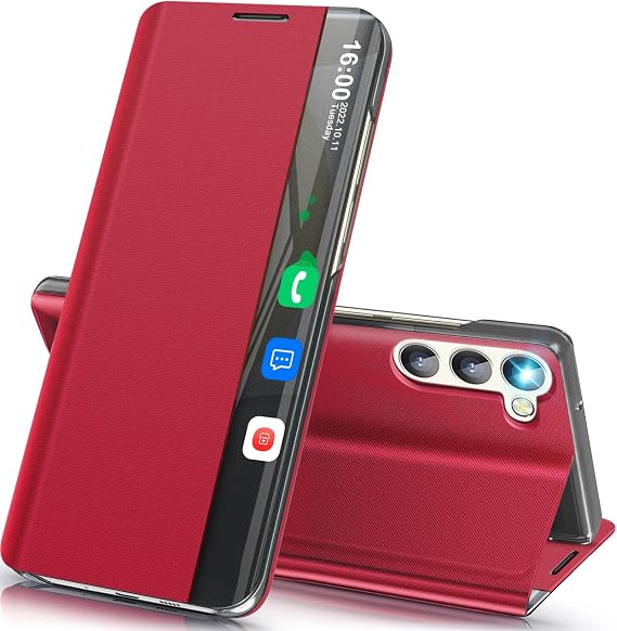 Phone Case for Samsung Galaxy S24 Case, Clear View Window Luxury Slim Mirror for Galaxy S24 Case with Kickstand, Leather Hard PC Flip Shockproof Protective Cover for Samsung S24 5G Case Red