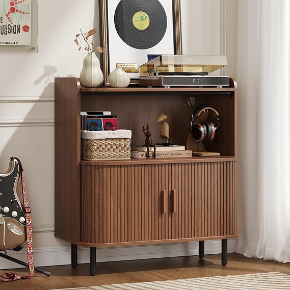 ONBRILL Mid Century Modern Record Player Stand with Charging Station,Walnut