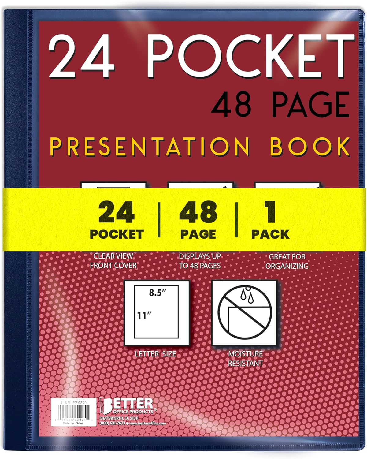 Better Office Products 24 pocket-bound presentation books, blue and transparent viewfront, 48 sheet protector pages, 8.5 x 11 sheets, art portfolio, durable polycover, letter size, blue