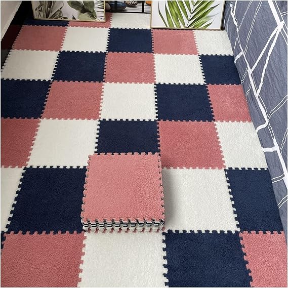 12 Pcs Interlocking Carpet Tiles, Plush Foam Square Floor Mats Set, Puzzle Floor Mat For Living Room, Bedroom And Hard Floor, 12 Tiles/12 Sq.Ft(Color:Apricot) (Navy Blue+Light Red+White)