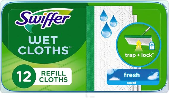 Swiffer Sweep + Mop, Wet Pads Refill, Floor Cleaner for Dirt, Dust, Hair, Cleaning Cloths for Mopping Home, Bathroom, Kitchen, All Purpose Multi-Surface Floor Wipes, Fresh, 12ct