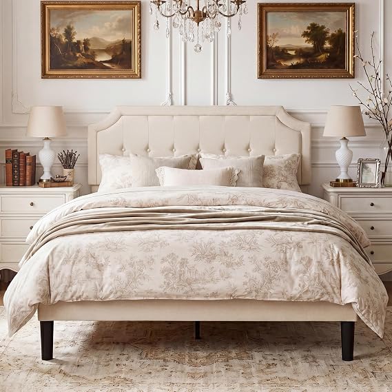 VECELO Queen Upholstered Platform Bed Frame with Adjustable Button Stitched Panel Headboard,Strong Wood Slat Support,Velcro Design,Mattress Foundation/Easy Assembly,Beige