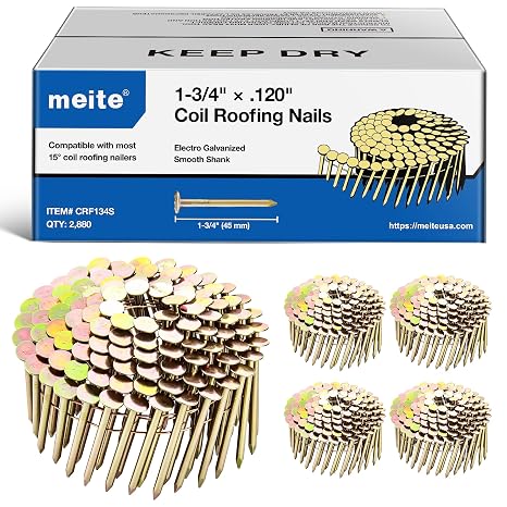 meite Roofing Nails 1-3/4 Inch 15 Degree Coil Nails Galvanized 2,880 Count | Full Round Head Wire-weld Collated Nails for Roofing Nailers, Rust-resistant, Asphalt Shingle Cedar Shakes Felt Underlayment