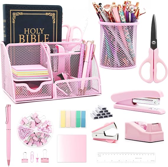 Pink Desk Organizers and Accessories,12Pcs Pink School Supplies for Girl