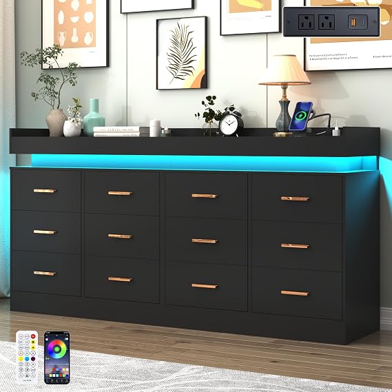 Hlivelood 12 Drawer Dresser with LED Light and Charging Station, Modern Chest of Drawers for Closet, Wide Drawer Organizer Cabinet, Living Room, Entryway, Hallway, Black
