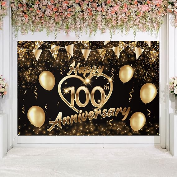 Happy 100th Anniversary Backdrop Banner Decor Black Gold Glitter Love Heart Cheers to 100 Years Anniversary Party Theme Decorations 100 Days Celebration Decor for Women Men Supplies