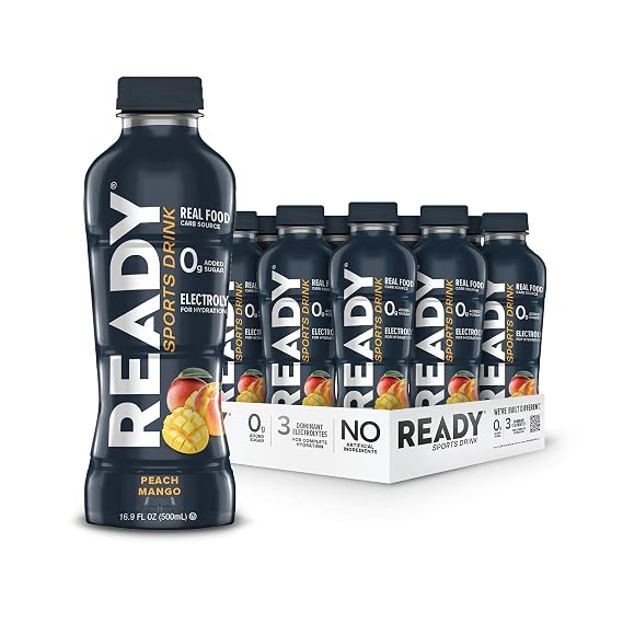 Ready Sports Drink Electrolyte Hydration with Super Fruit Carbs, B Vitamins & No Added Sugar Clean Energy for Athletes & Endurance Gluten-Free, Vegan, Kosher Peach Mango (12-Pack)