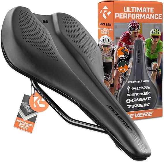 Revere Performance Bike Saddle Ergonomic Comfort Seat with Pressure-Relief Center Channel, Multi-Stage Foam, Low-Profile Design for Road, Gravel & Mountain Bikes (255 x 143mm)
