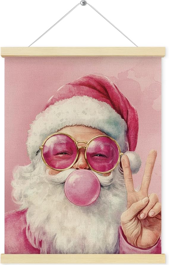 QEJ Pink Christmas Santa Wall Art Decor, Funny Santa Blowing Bubble Canvas Poster Hanger Frame, Pink Xmas Holiday Wall Decorations for Bedroom Living Room Home Decor, 12x16 Inch