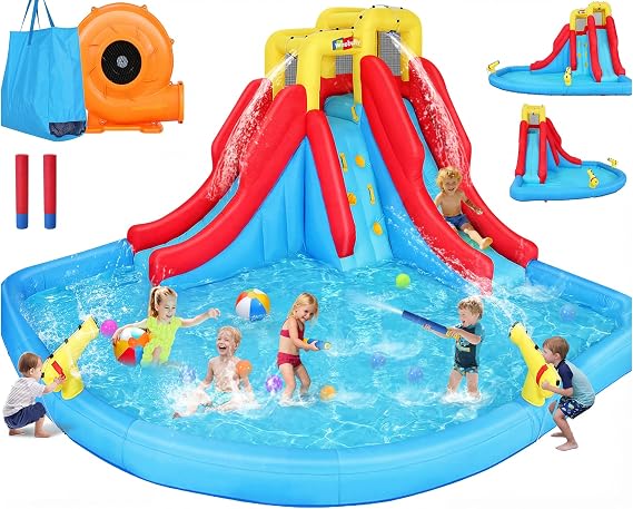 Whubefy Inflatable Water Slide for Kids 3-12, 14.5 x 13 ft Water Bounce House, Water Slide Bounce House W/Dual Slide/ 2 Water Cannon/Climbing Wall/ 2 Water Gun, Hold 6 Kids,W/520W Blower Summer Fun