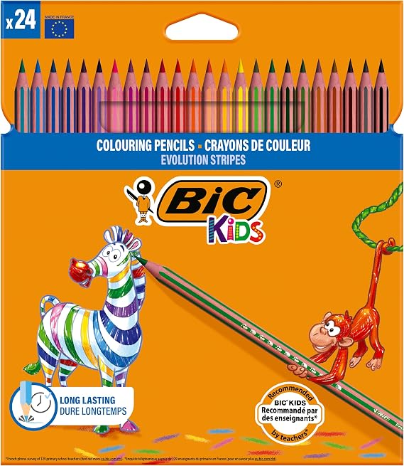 BIC Kids Evolution Stripes Kuru Boya Kalemi, 24'lü Kutu, Kıymık Oluşturmaz, Çiğnemeye Karşı Dayanıklı, Kolay Açılır
