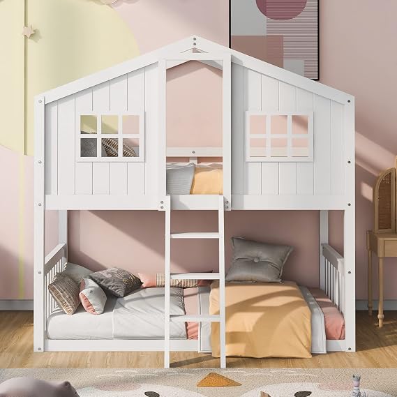 Twin Over Twin House Bunk Beds,Wood Bunk Bedfame with 2 Windows and Ladder for Kids Teens,No Box Spring Needed(White)