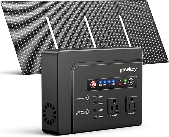 200W Solar Powered Generator, Portable Power Station with Solar Panel 40W | Powkey 146Wh Power Bank with 120V AC Outlet, Pure Sine Wave Lithium Battery for Outdoor Camping Emergency Home