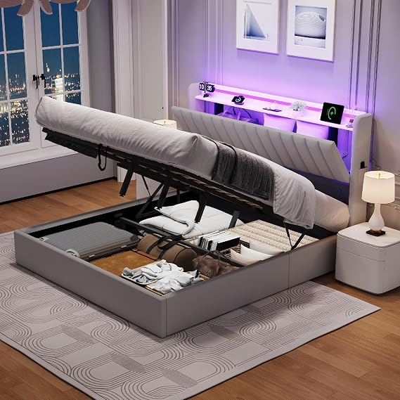King Size Bed Frame with Storage, 5ft Ottoman Bed Frame with Headboard & Hydraulic, Upholstered Bed with LED-Lighting & Charging-Station, PU, 150x200cm, Gray, No Mattress