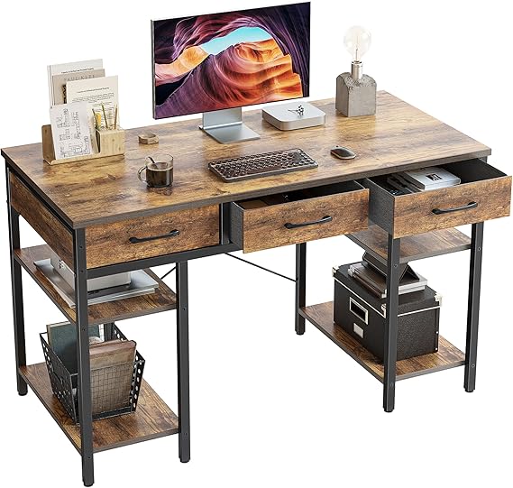 CubiCubi Computer Desk with 3 Drawers and Storage Shelves, 120cm Office Desk, Industrial Style Gaming Desk for Study, Bedroom, Living Room, Rustic Brown