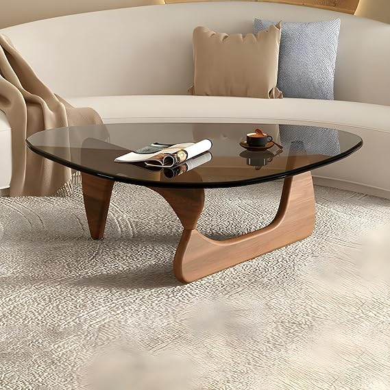 Triangle Glass Coffee Table,Noguchi Aesthetic Coffee Table, Vintage Coffee Table for Living Room- 45" L x 32" W x 16" H Gray/Clear Glass Top Walnut Color Wood Base