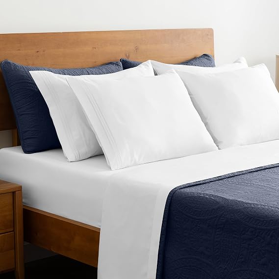 Mellanni Bedspread Coverlet Set + 6PC Sheets Set Bundle&Save - Iconic Collection Bedding - Bundle Includes: 3 Piece Oversized Quilt Set and 6 Piece Bed Sheet Set (King, Navy/White)