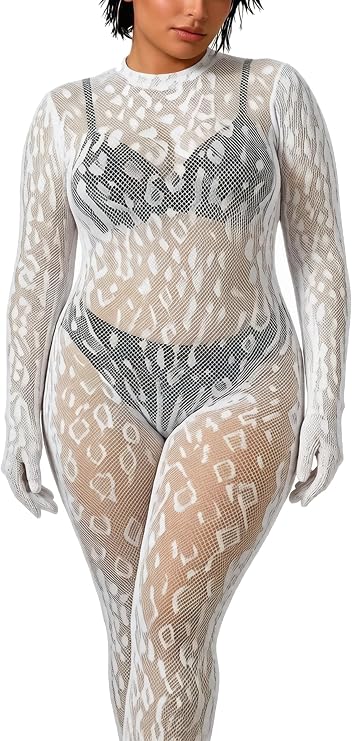 Leopard Print Lace Body Stocking Jumpsuit, Women's Cheetah Fishnet Bodysuit | Animal Pattern Fish Net Bodystocking Lingerie for Catwoman Costume Sexy Cosplay, Stretchy Rave Outfit for US 0-20