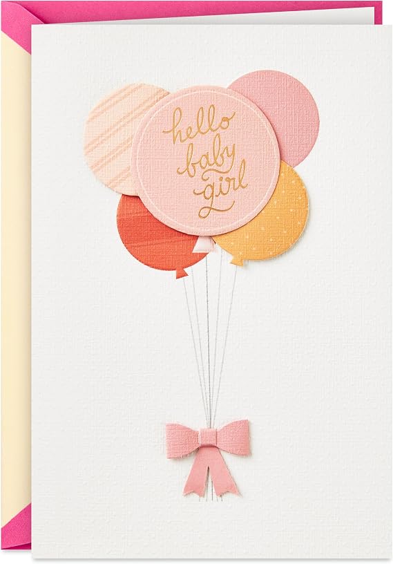 Hallmark Signature Baby Shower Card for Girl (Hello Baby Girl, Balloons) | Welcome New Baby Girl, Congratulations Theme, Embellished Paper Attachments, Card Measures 5 X 7.2 in