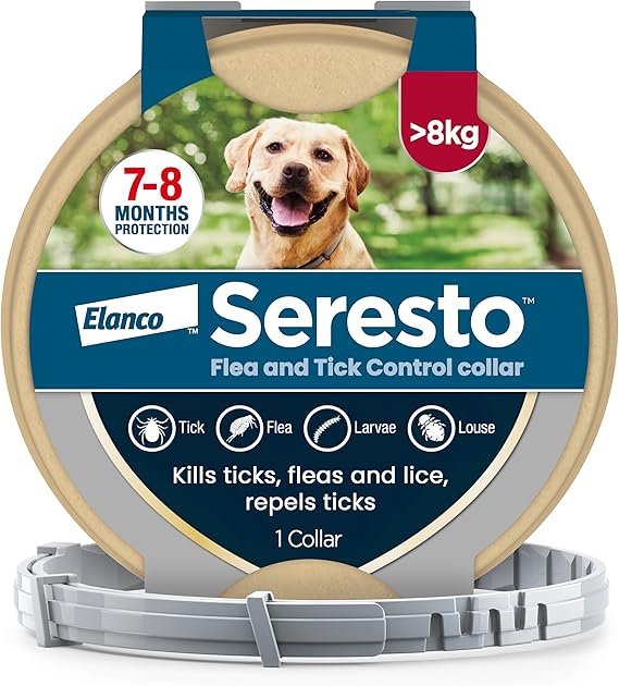 Seresto Flea and Tick Control Collar For Dogs Over 8kg (1 Collar), Long-Lasting & Simple Treatment For Dogs, 7-8 Months Of Protection, Keeps Pets Protected From Fleas & Ticks