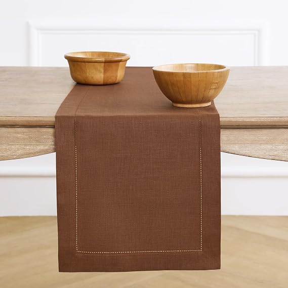 Solino Home 100% Linen Table Runner Brown, Classic Hemstitch 14 x 108 in | brings a tailored look to family meals and hosting, hemstitched border, mitered corners, machine washable, OEKO-TEX Certified