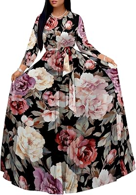 Plus Size Maxi Dresses for Curvy Women Casual 34 Sleeve Crewneck Floor Length Floral Print Dress with Belt