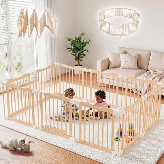 Foldable Wooden Playpen, Natural, 79 x 53 x 24 inches