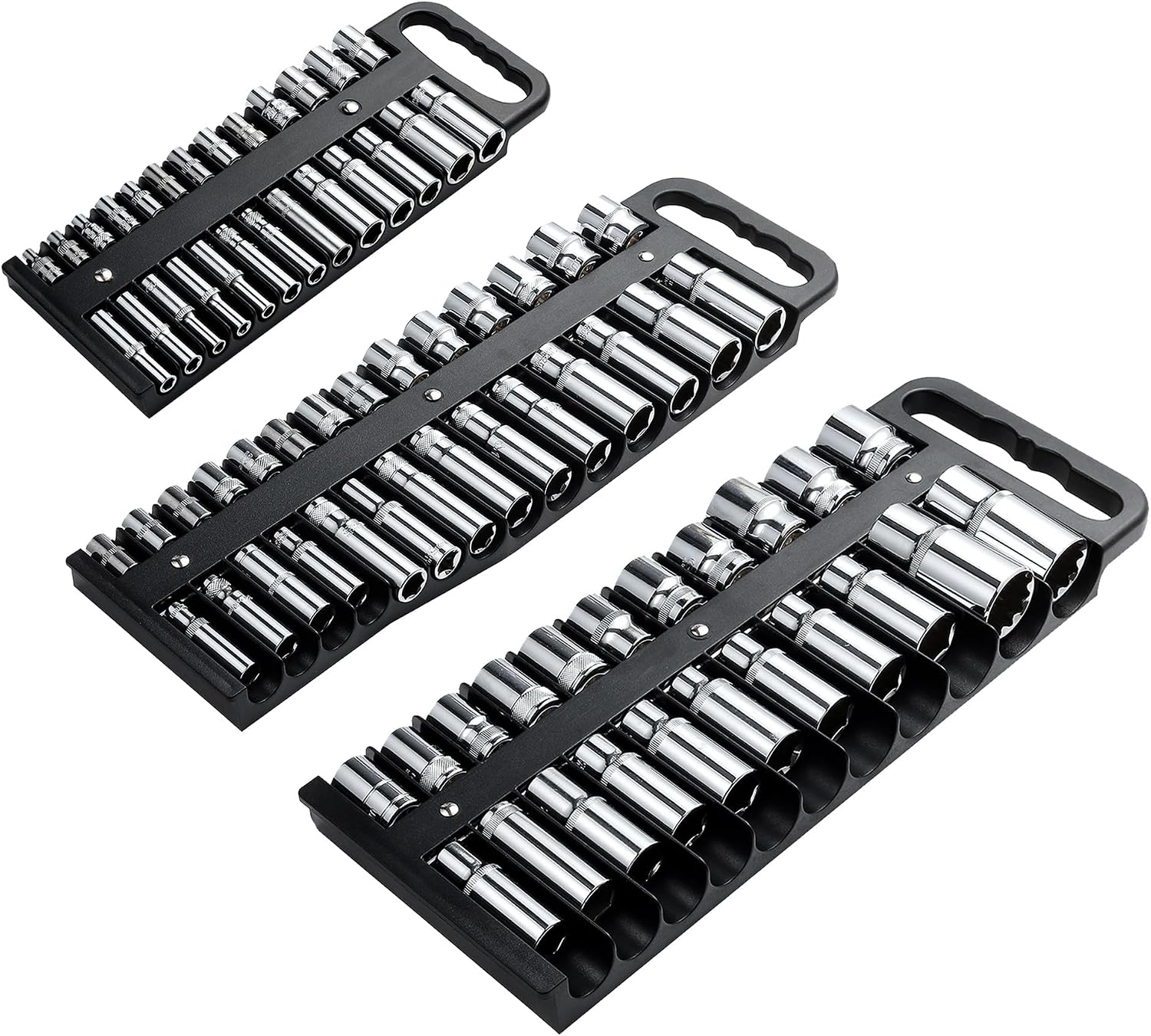 Reniteco Magnetic Socket Organizer Set, 3 Pcs Blue Portable Heavy Duty Socket Rail Set: 1/4-Inch x 22 Pallets, 3/8-Inch x 28 Pallets, 1/2-Inch x 26 Pallets, Hold 76 Sockets - Fit Shallow&Deep Sockets