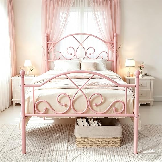 Twin Bed Frames for Kids, Metal Twin Size Platform Bed with Headboard Pink