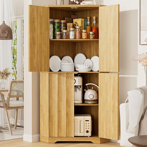 BROTTAR Corner Kitchen Cupboard, 68" Pantry Organizers and Storage, 4-Tier Fluted Kitchen Pantry Cabinet with 4 Doors & Shelves, Corner Storage Cabinet for Living Room, Dinning Room, Natural