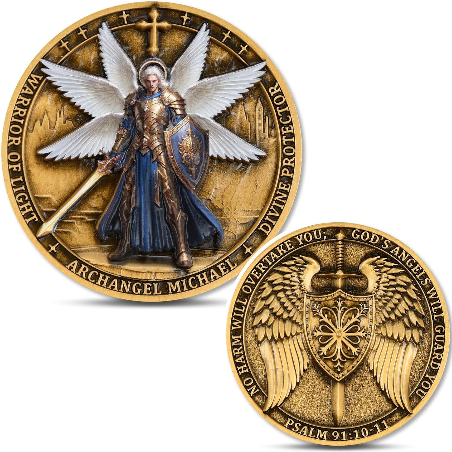 The Archangel Michael Challenge Coin - Psalm 91:10-11 Inspirational Religious Coin with Individual Clear Protective Case Single Coin