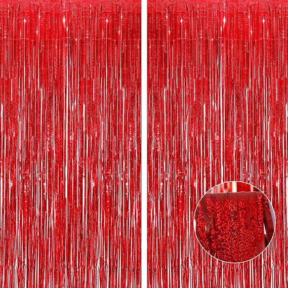 Red Thicken Glittering Tinsel Foil Fringe Curtain Party Decorations 3.2x8.2ft - 2 Pack, Photo Backdrop for Birthday Bachelorette Bridal Shower Baby Shower Graduation Party, Party Streams Décor