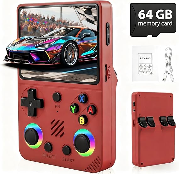 RG36PRO Handheld Game Console - Support 30000+Classic Games, 64G TF Card, Open Source System, 3.5-Inch Screen, 3000mAh Battery, Portable Console for Travel, Gift for Adult or Partner - Red