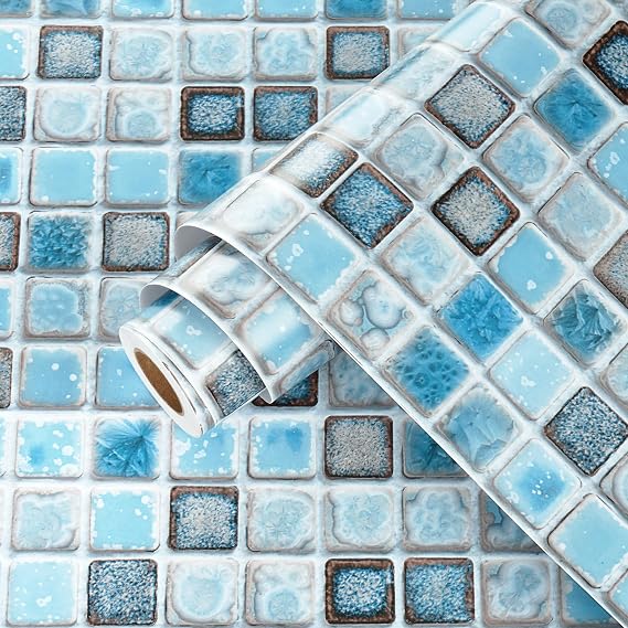 Wallercity Blue Waterproof Wallpaper for Bathroom Peel and Stick Mosaic Wallpapers for Shower Wall Blue Lattice Contact Paper for Walls Kitchen Backsplash Removable Vinyl Wall Paper Roll 15.8''x118''