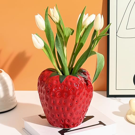 AOMOONOA Red Strawberry Vase for Flowers, Decorative Ceramic Fruit Vase