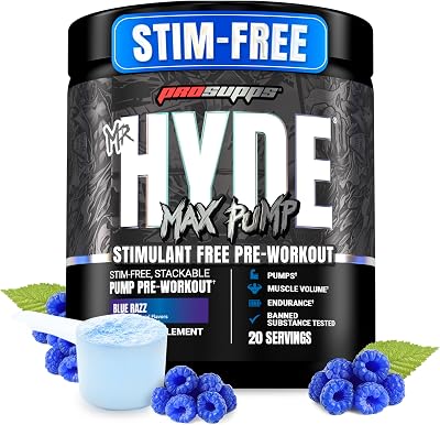 PROSUPPS Mr. Hyde Max Pump Pre Workout Powder - Stim-Free Preworkout Supports Blood Flow, Muscle Volume & Endurance - Caffeine-Free Nitric Oxide Gym & Fitness Supplements Blue Razz, 20 Servings