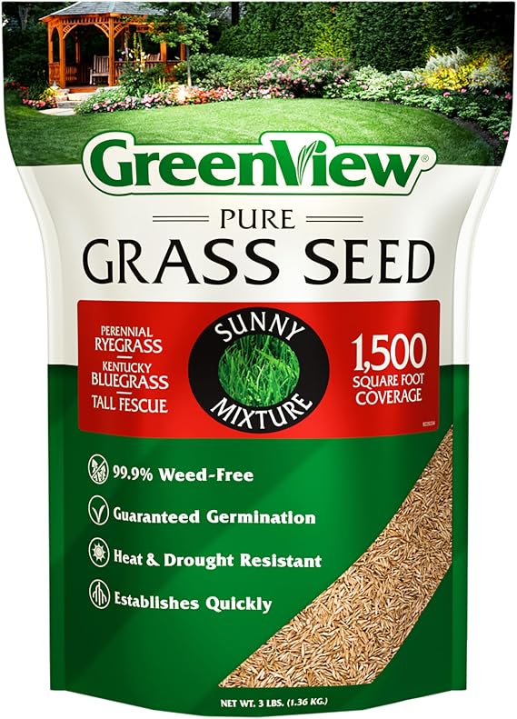 GreenView Pure Grass Seed Sunny Mixture, 3 lb. Bag | Covers up to 1,500 sq. ft. Quick germination with drought and heat resistance. Thrives in sunny conditions