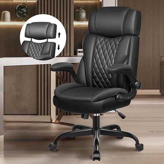 Office Chair Flip Up Arms, Executive Leather Office Chair Ergonomic Desk Chair with Lumbar Support, Adjustable Headrest, Computer Chair Home Office Desk Chair with Rocking Function Updated