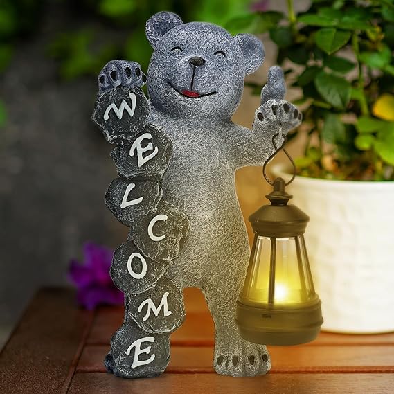 Cuteefun Grey Bear Solar Garden Ornament Outdoor, Animal Garden Statue Decoration with Solar Light, Weatherproof Durable, Grey Bear Decor for Yard Lawn, Housewarming Women Mum Birthday Gift