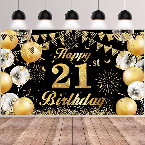 Happy 21th Birthday Banner Party Decorations, Black and Gold Happy Birthday Backdrop 1.1 x 1.8m Photo Backdrop Background for 21 Years Old Party Supplies Men Women