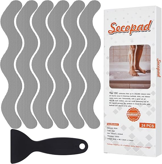 Secopad 24PCS Anti-Slip Shower Stickers with Scraper, 0.8"*8", Grey
