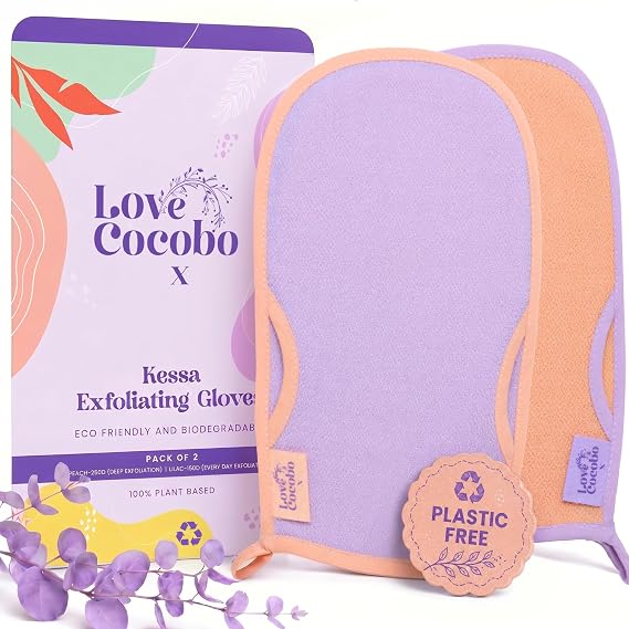 Love Cocobo | Exfoliating Glove | Eco PLASTIC FREE Body Scrub Mitt | Dead Skin Exfoliator | Tan Remover | Shower Body Exfoliator Mitts | Targets Keratosis Pilaris Ingrown Hair | Kessa Gloves | 2Pcs