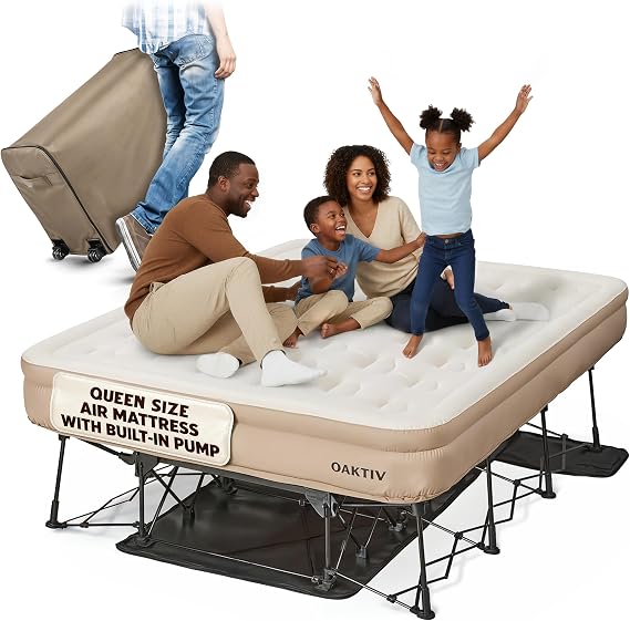 Oaktiv Queen Air Mattress with Frame, Self Inflating/Deflating Blow Up Bed for Adults - PeakRest Camping Cot with Mattress - Portable Queen Size with Travel Rolling Case on Wheels | Self-inflating inflatable mattress with folding camping cot, rolling case, and quick deflation for home or camping.