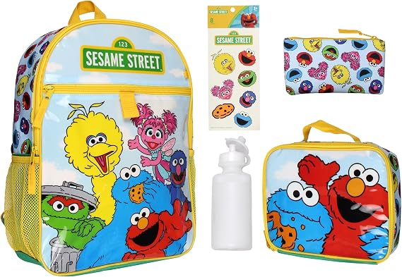 INTIMO Sesame Street Group Cookie Monster Elmo Big Bird 5 PC Mega Set Backpack Lunch Box Pencil Pouch Waterbottle Stickers 16"